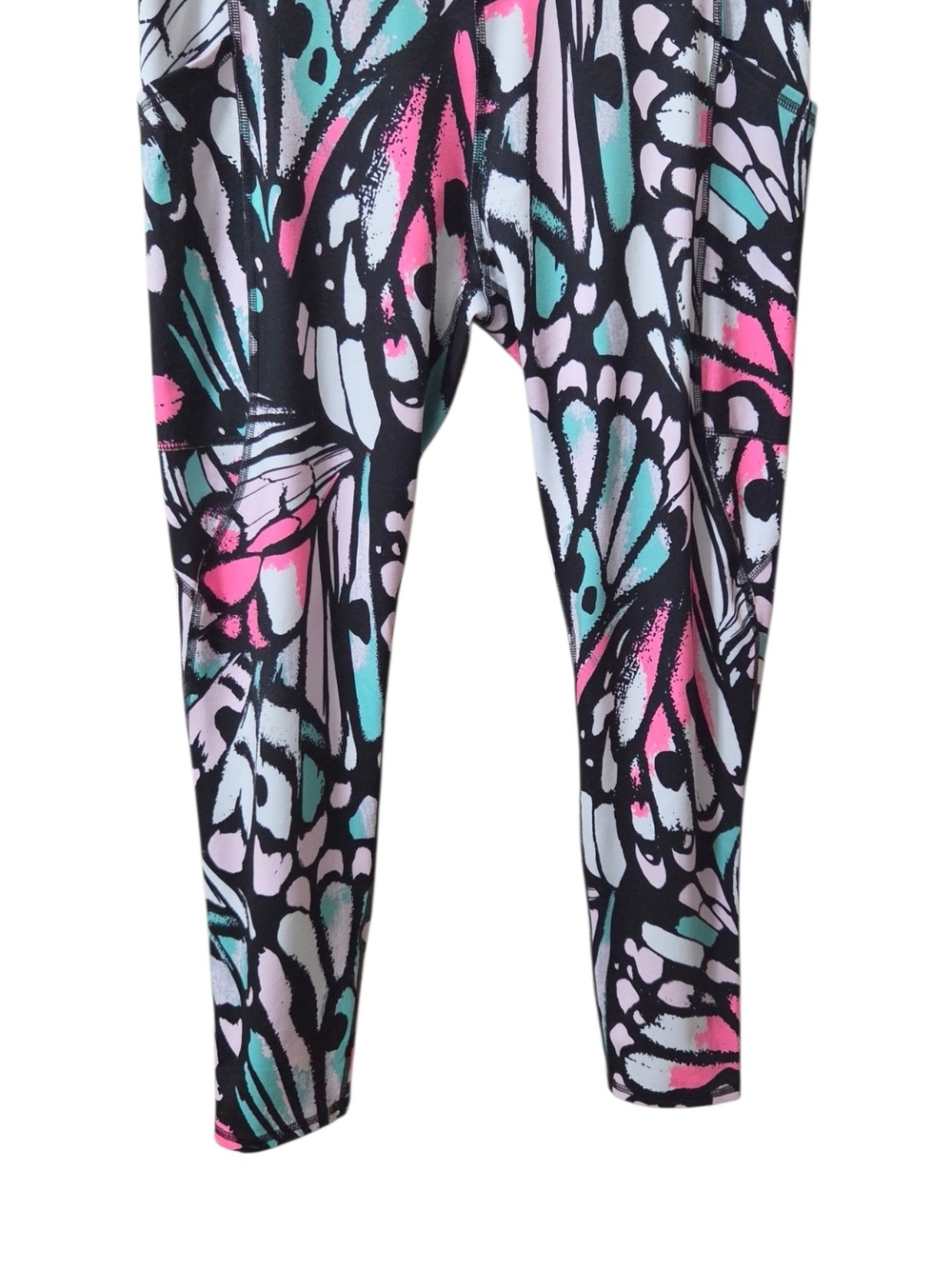Athletic Works Black Leggings with Pink & Teal Abstract Butterfly Print